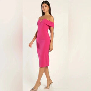 Lulus Pink Off the Shoulder Bodycon Midi Dress
